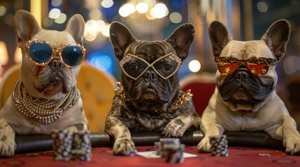 french bulldogs dressed like fashion moguls with sunglasses and jewelery playing poker in a fancy las vegas casino,