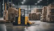 Warehouse scene: pallet jack and wrapped pallet in foreground, open cargo truck in background, industrial setting, harsh lighting, logistic concept.
