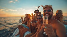 Many Groups Of Friends People Drinking Champagne While Partying On A Yacht Attractive Young Man And Woman Celebrate Vacation Trip As The Catamaran Sails Away During A Summer Sunset