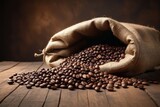 Fototapeta  - An old sack of coffee beans on a wooden floor, horizontal composition