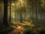 Fototapeta Las - A path through a dense forest with tall trees on either side.