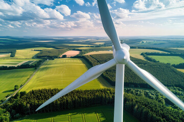 Closeup of wind turbine on green fields background