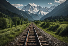 A Landscape Of A Railway Track With Mountains Background