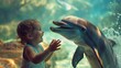 A toddler laughing as a friendly dolphin splashes water towards them at a safe interactive aquarium exhibit