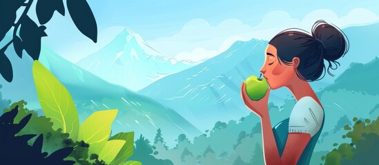 Wall Mural - A woman, surrounded by a natural landscape of mountains and clouds, happily eats an apple in the woods. Her gesture depicts leisure and appreciation for the art of nature while traveling