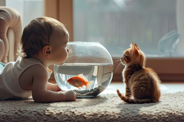 Wall Mural - A toddler and a kitten looking curiously into a fishbowl fascinated by the swimming fish