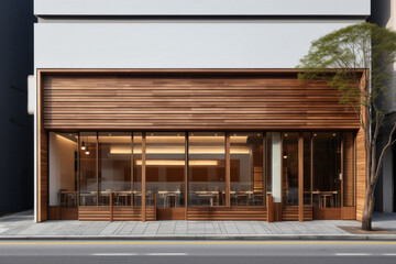 Front view Cafe shop exterior and Restaurant design in the morning. Modern Minimal white wall concrete and nature wood. A sunny outdoor cafe on a beautiful day.