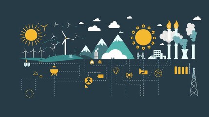 An infographic of global power flow, with icons for oil, coal, sun, wind, and hydro.