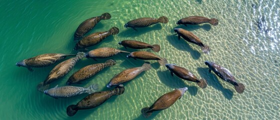 Canvas Print - A group of manatees swimming in the water near a shore. Generative AI.