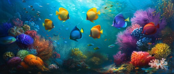 Canvas Print - An underwater scene with many colorful fish swimming around. Generative AI.