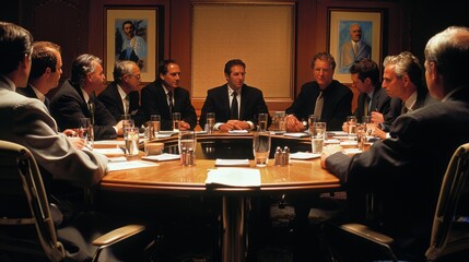 An intense negotiation session at a roundtable, with all participants in crisp business attire, deep in discussion.
