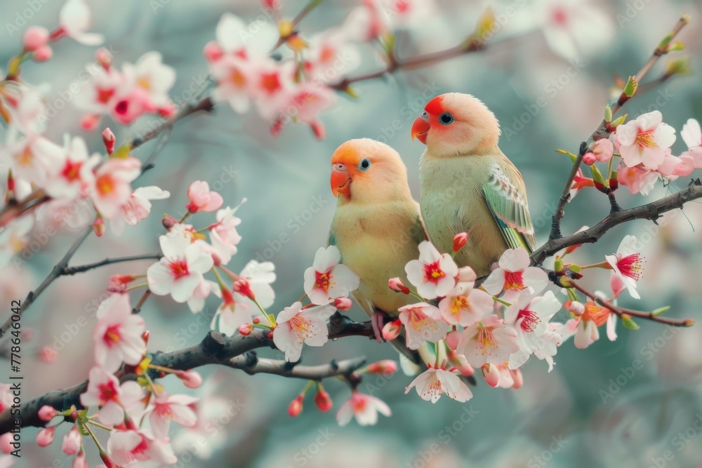 Two birds are sitting on a branch of flowers with pink blossoms ...