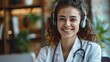 Doctors wear headphones in front of laptops when talking with patients Doctors offer video chat and online consultations.