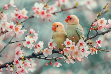 Wall Mural - Two birds are sitting on a branch of flowers with pink blossoms. Generative AI.