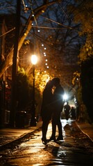 Poster - A couple kissing on a street at night in the rain. Generative AI.