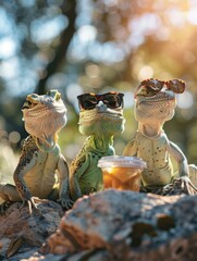 Poster - Three lizards wearing sunglasses and drinking from a cup. Generative AI.