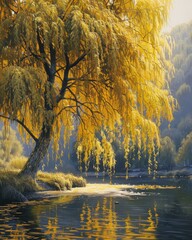 Wall Mural - A painting of a yellow tree by the water with some ducks. Generative AI.