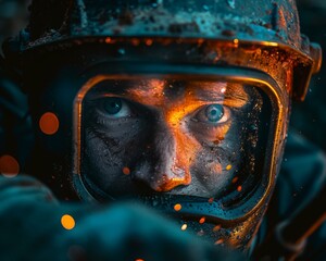 Wall Mural - A close up of a man wearing an astronaut suit with sparks coming out. Generative AI.