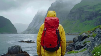 Back view of a male tourist wearing a yellow  jacket and carrying a red backpack