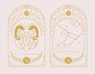 Wall Mural - Set of Modern magic witchcraft cards with astrology Capricorn zodiac sign characteristic. Vector illustration