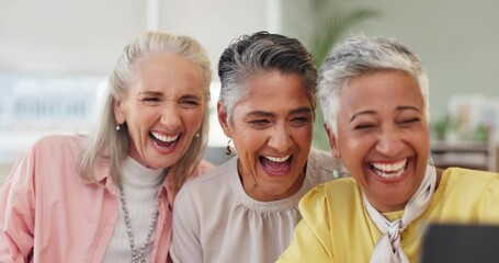 Sticker - Senior women, selfie and laugh with coffee, smile or picture for memory of tea party. Female people, reunion or elderly citizens together for video call, happy or brunch for eating, love or bonding