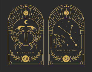 Set of Modern magic witchcraft cards with astrology Cancer zodiac sign characteristic. Vector illustration