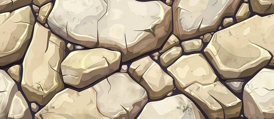 Wall Mural - A detailed close up of brown cobblestone rocks arranged in a pattern on a beige flooring, resembling a miniature art piece. The crisp white background adds depth to the natural rock and soil textures