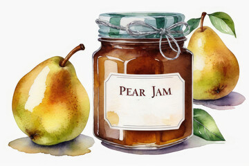 Wall Mural - Pears jam or marmalade and fresh pears in watercolor style.