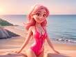© Miklos - A girl in a pink swimsuit standing on the beach at sunset.