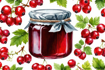 Wall Mural - Red currant jam or marmalade and fresh red currants in watercolor style.