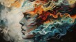 Expressive magical realism painting depicting a profile view of a contemplative figure with swirling, vivid thoughts