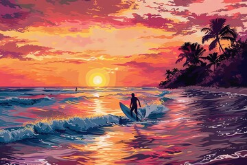 Poster - sunset on the beach with surfer in scene 