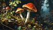 Fantasy landscape with fly agaric mushrooms in autumn forest.
