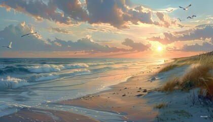 Wall Mural - Sunrise at the beach offers a serene and tranquil atmosphere, with soft colors painting the sky and gentle waves lapping at the shore