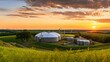 Biogas Plant in Rural Area at Sunset 