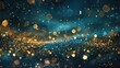  Dark Blue and Gold Particle Abstract Background Illuminated by Golden Light, Sparkling Particles Bokeh, Navy Blue with Glimmering Gold Foil Texture - A Festive Holiday Concept