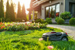 Perfect manicured lawn in sunshine with robot lawn mower