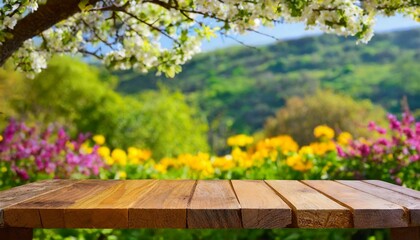 Wall Mural - Simplicity in Nature: Empty Wooden texture Desk with Ample Copy Space Amidst Vibrant Spring and Summer wallpaper background