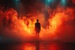 Man standing alone in a room filled with thick red smoke, waiting in suspenseful atmosphere.