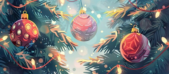 Canvas Print - An art illustration of a Christmas tree adorned with glowing lights and colorful balls, creating a festive and joyful atmosphere