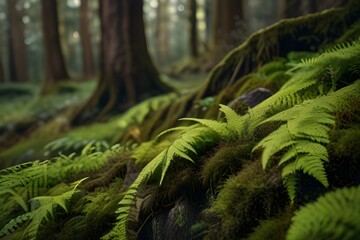 Wall Mural - Enchanting mossy wonderland. Close up view of nature lush greenery. Captivating image showcases moss ferns and lichen creating vibrant tapestry on trees and . Generative AI