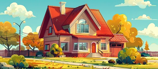 Wall Mural - A charming cottage with a red roof and trees in the background, set against a clear blue sky. The house has a porch, windows, and a beautiful facade surrounded by green grass