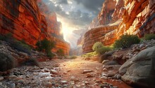 Canyon Adventure, Hiking Trails Winding Through Majestic Canyon Walls, Capturing The Spirit Of Exploration And Adventure