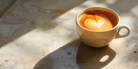 Poster - A Cozy Cup of Coffee Casts a Captivating Heart Shaped Shadow on the Table Offering a Sweet Surprise