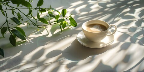 Canvas Print - Intricate Shadow Play of Morning Light on a Wooden Table with a Warm Cup of Coffee and Lush Greenery