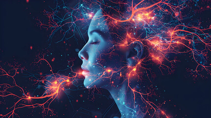 Wall Mural - Illustration for International Parkinson's Awareness Month with a woman logo and artwork depicting synapses and neurons interaction, suitable for posters, banners, and cards.