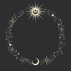 magic celestial round frame with sun, stars, moon, crescents and copy space. mystic frame for tarot,