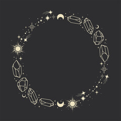 Wall Mural - magic celestial round frame with sun, stars, moon, crescents, crystals and copy space. mystic frame 