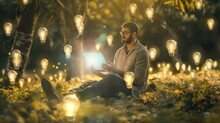 Man With Spectacles Eyeglasses Sit On Ground At Forest Holding Growing Tablet Surrounded By Light Bulbs Save Energy Earth Environments
