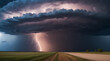 A Giant Supercell storm clouds with lightning and intense winds over road in plain rural area., sparks